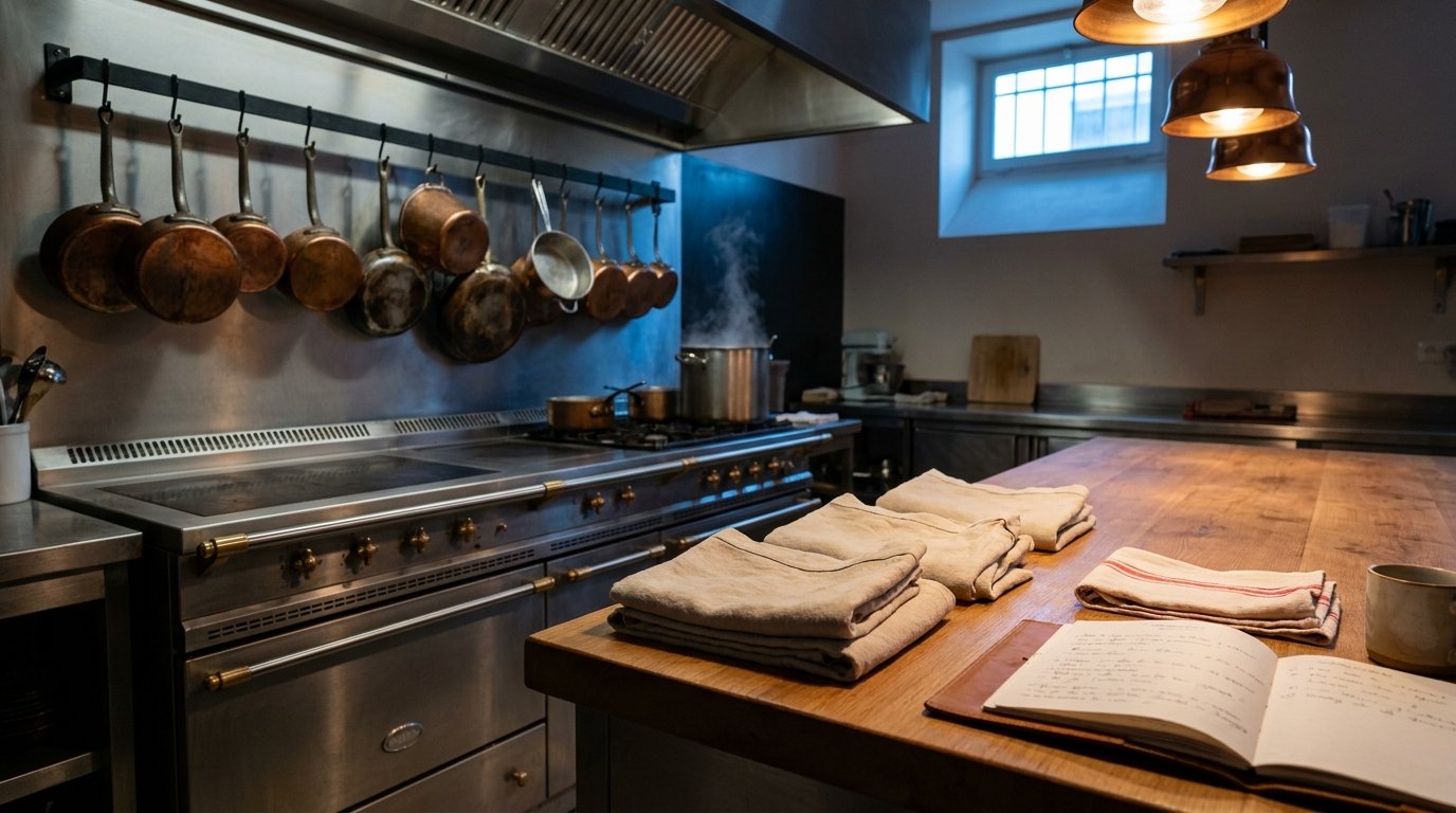 Cuisine professionnelle chaleureuse, inox et cuivre, tabliers pliés