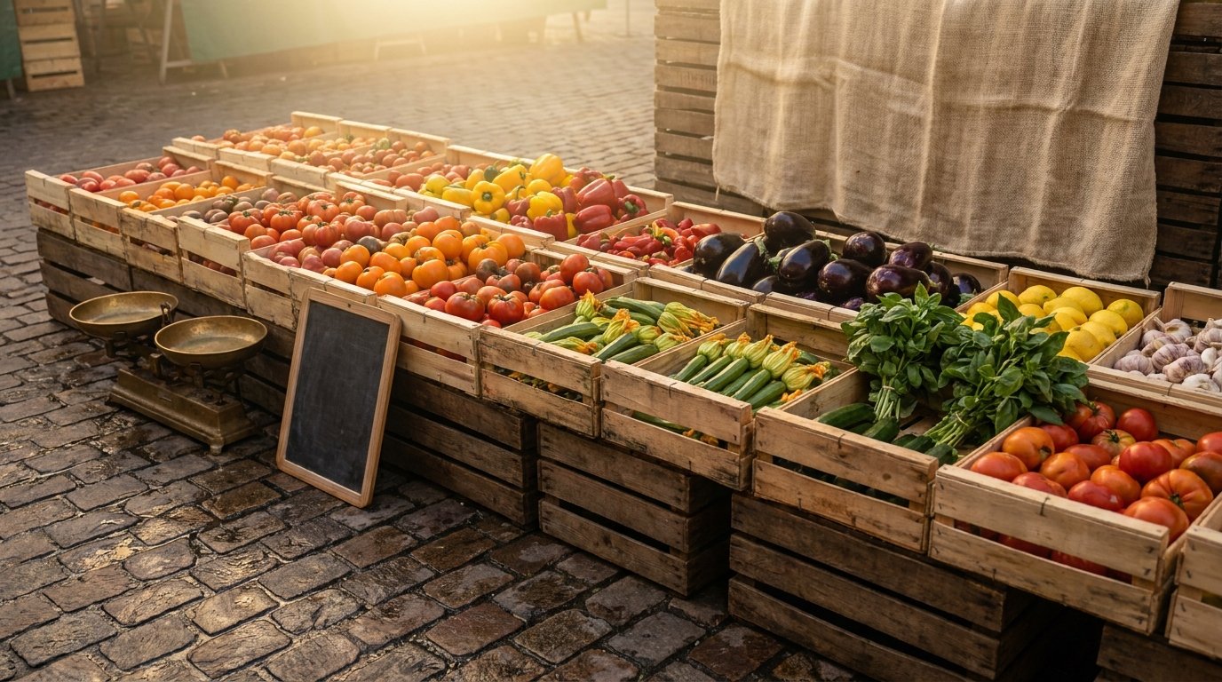 Marché de producteurs, cageots de légumes colorés, textures chaudes