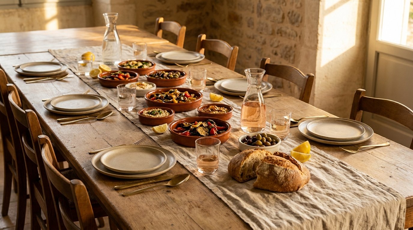 Grande tablée méditerranéenne conviviale, nappe de lin et céramiques artisanales