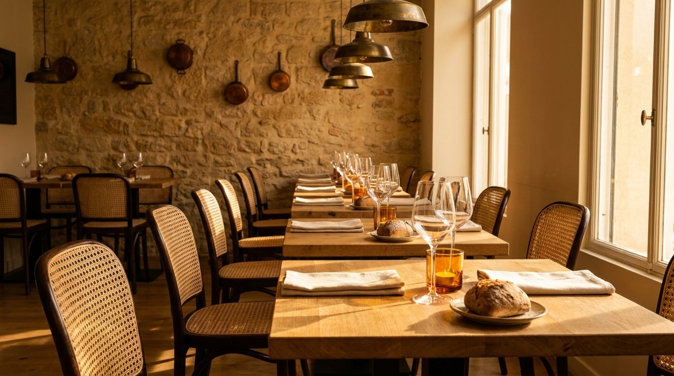 Salle de restaurant dressée avant le service, lumière rasante
