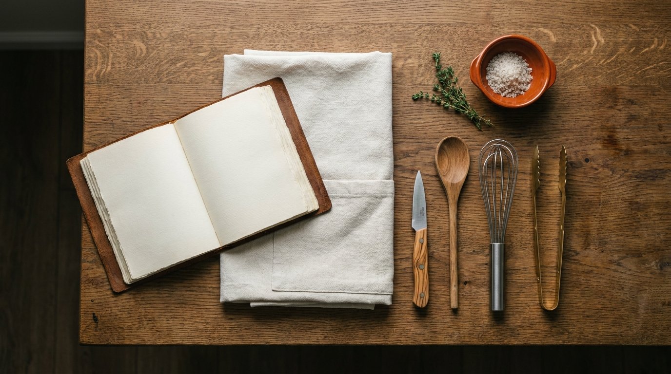 Mise en place sur plan de travail en bois brut, ustensiles alignés